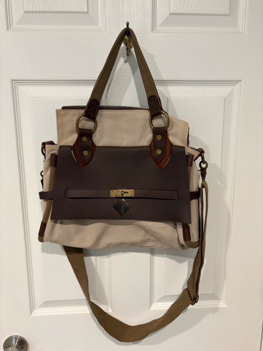 Canvas Messenger Bag with Dark Brown Leather Flap - Men’s Crossbody NWOT